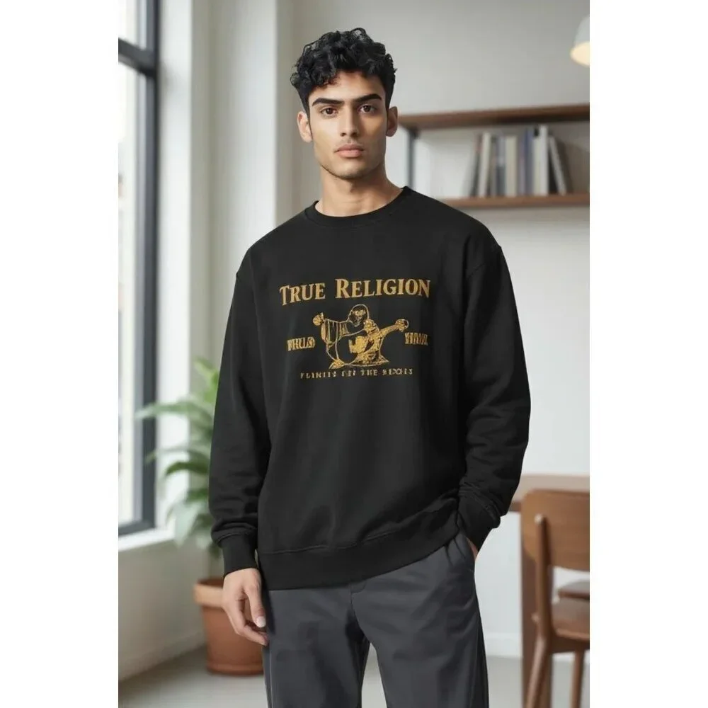 True Religion Mens Black Metallic Buddha Long Sleeve Flee Men's Size XL
